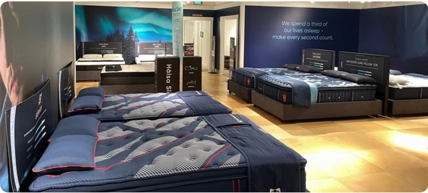 The rebuilt mattress gallery, displays grouped by vendor